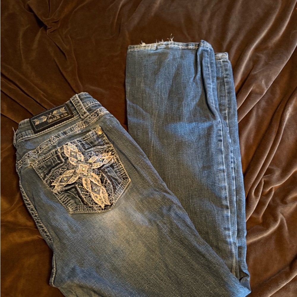 Grace in LA Blue Boot Cut Jeans with Decorative Design